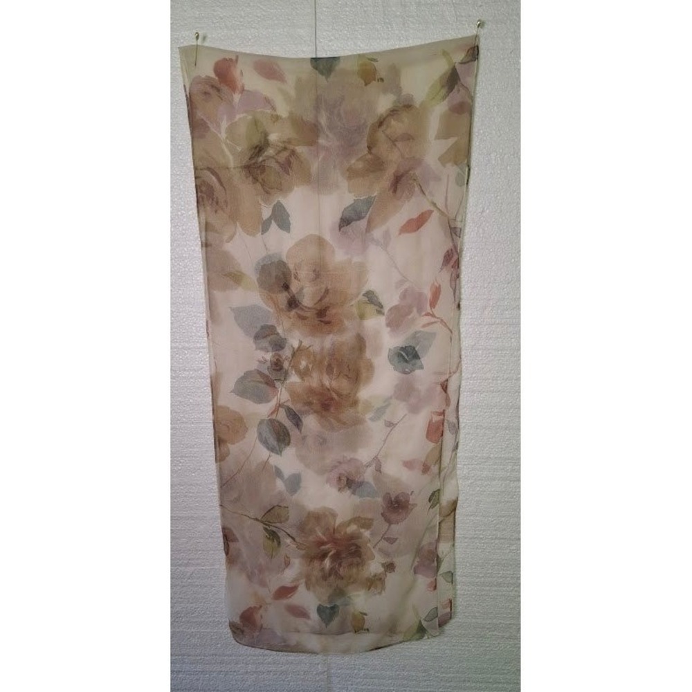 Vintage Floral Sheer Scarf Beige Mauve Watercolor Flower Lightweight Wrap Fair